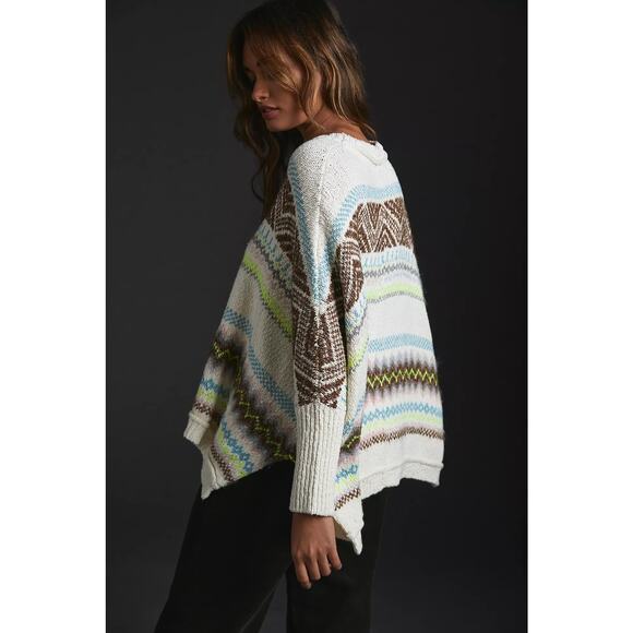 Anthropologie Fair Isle Printed Long Sleeve Crewneck Swing Poncho Sweater White - Picture 2 of 6